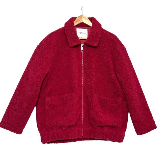 American Eagle Sherpa Jacket Sz M Red Full Zip Lined Collard Pockets Winter - Picture 1 of 8